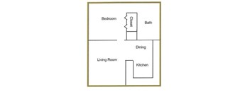 A diagram of a living room with a bedroom, bath, dining, and kitchen area.