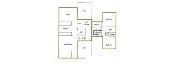 A diagram of a house layout with labeled rooms such as Dining, Kitchen, Living Room, Bedroom, Bath, Patio, W/D Storage, and Closet.