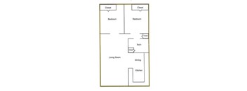 A floor plan of a house with two bedrooms, a living room, a dining area, and a kitchen.