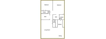 A diagram of a house layout with two bedrooms, a living room, a kitchen, a bath, and a pantry.
