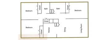 A diagram of a house layout with bedrooms, a kitchen, a dining room, and a living room.