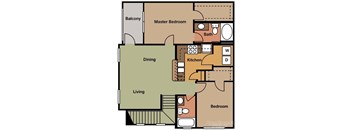 Apartment floor plan with living room, dining room, kitchen, and bedrooms.