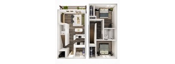 two views of a 1 bedroom floor plan of a modern apartment