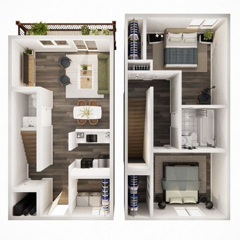 two views of a 1 bedroom floor plan of a modern apartment