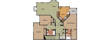 A floor plan of a house with a living room, dining room, kitchen, two bedrooms, two bathrooms, and a balcony.