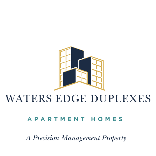 A logo for Waters Edge Duplexes apartment homes.