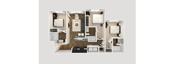 a 3d floor plan of a bedroom with a bathroom and a living room