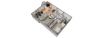 A 3D floor plan of a house with a kitchen, living room, and bathroom.