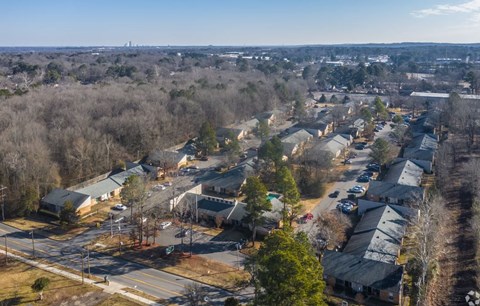 arial view of a neighborhood with houses and trees