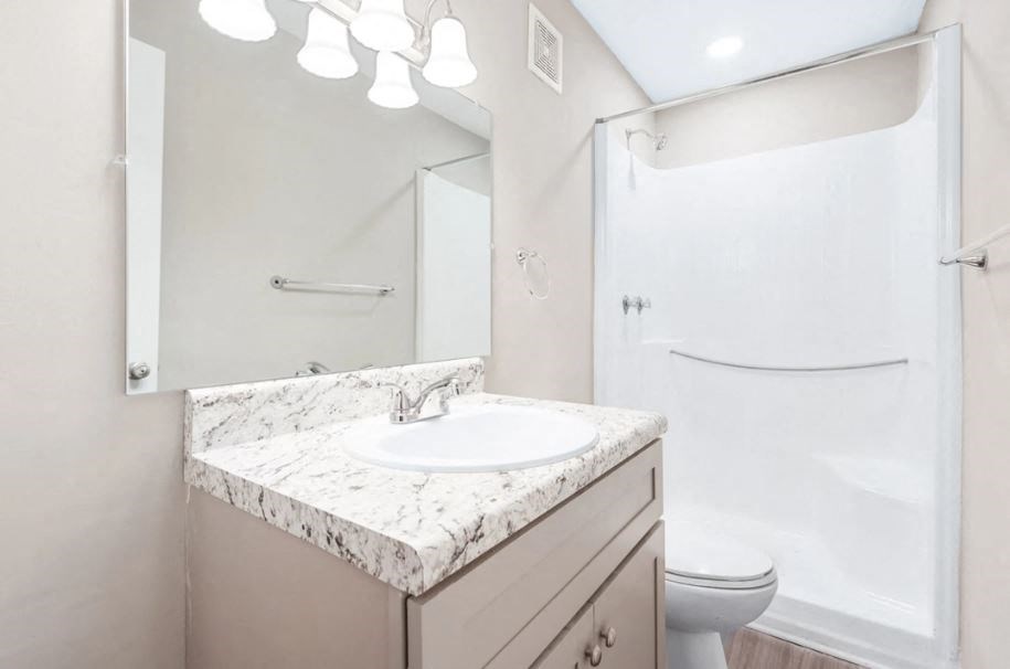 a bathroom with a sink and a toilet and a shower