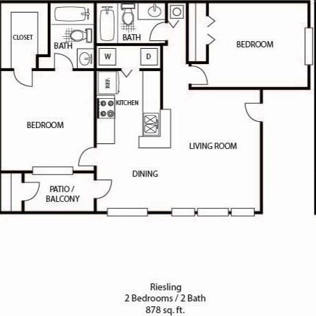 A floor plan of a Riesling apartment with 2 bedrooms and 2 bathrooms.