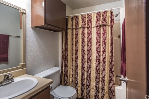 a bathroom with a toilet sink and shower