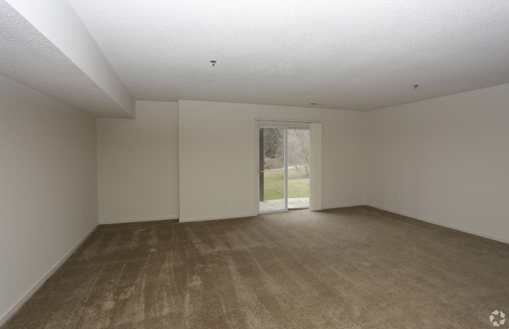 an empty living room with a door leading to a yard