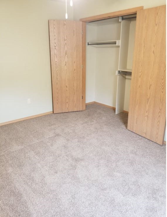 a bedroom with a closet and a carpeted floor