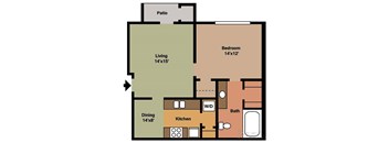 A floor plan of a house with a living room, dining room, kitchen, bedroom, bathroom, and patio.