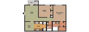 A floor plan of an apartment with a living room, dining room, kitchen, two bathrooms, and three bedrooms.