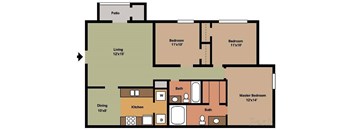 A floor plan of a one bedroom apartment with a living room, kitchen, dining room, and bathroom.