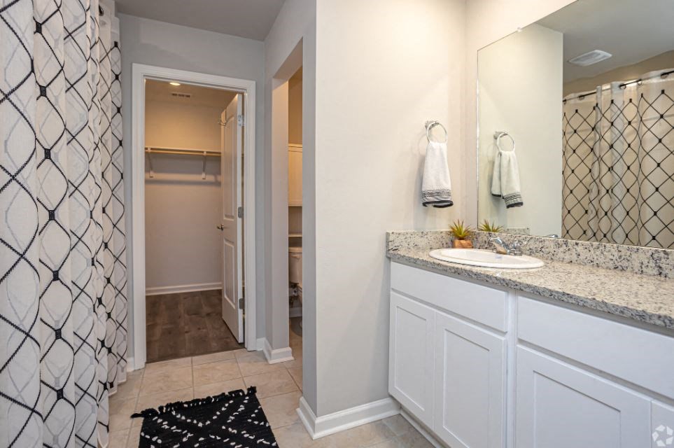 a bathroom with a sink and a shower and a closet