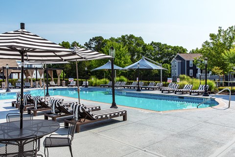 a swimming pool with chaise lounge chairs and umbrellas
