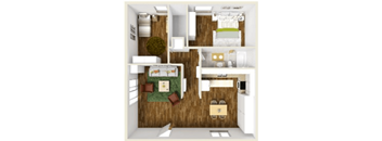 A small apartment with a bedroom, living room, and kitchen.