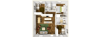 A floor plan of a house with a living room, kitchen, and two bedrooms.