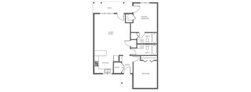 A black and white image of a house floor plan with a patio, living room, kitchen, two bathrooms, a master bedroom, and an entry.