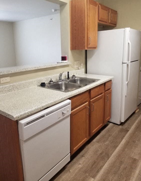 a kitchen with a sink a dishwasher and a refrigerator