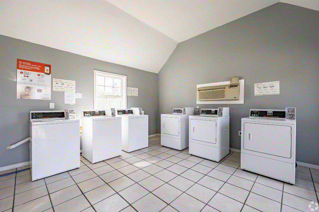a row of washers and dryers in a laundry room