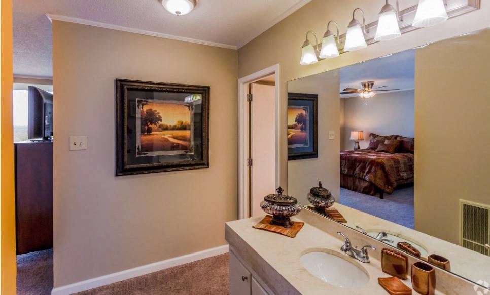 a bathroom with a sink and a mirror and a bedroom