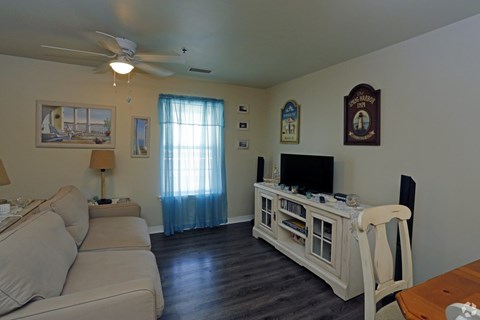 A living room with a couch, chair, and television.
