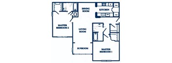 A floor plan of a house with a living room, two bedrooms, a kitchen, and a dining room.