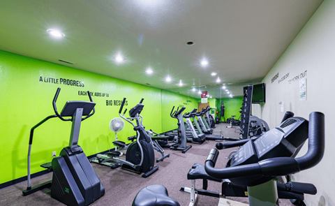 a gym with various exercise equipment on the floor and a green wall
