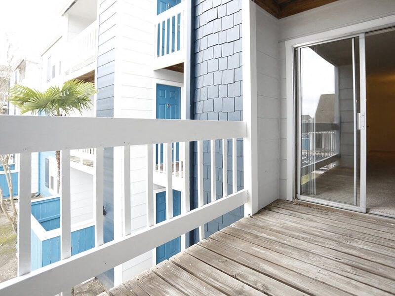 a balcony with a door and a palm tree