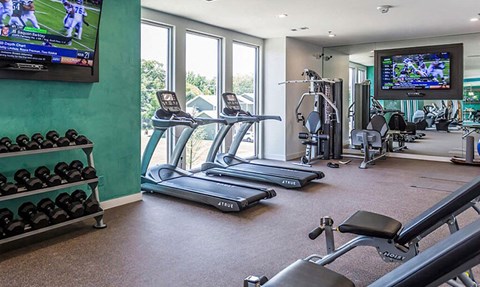 a gym with treadmills and other exercise equipment and a flat screen tv