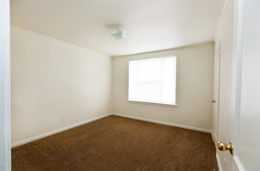 a room with a carpeted floor and a window