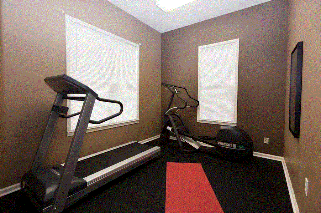 a home gym with a treadmill and exercise balls