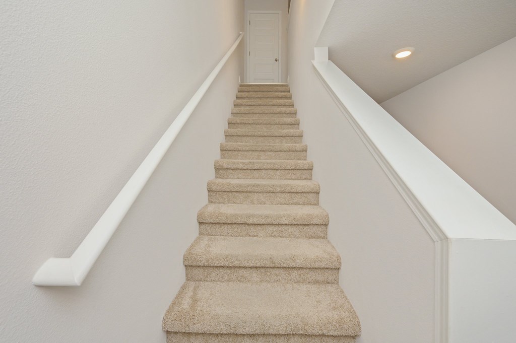 a flight of stairs with a white door at the top of them