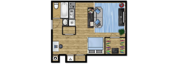 a bedroom with a bed and a chair in a room