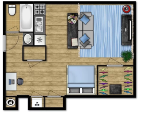 a bedroom with a bed and a chair in a room