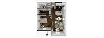 a bedroom with a bed and a chair in a small room