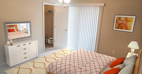 A bedroom with a bed, nightstand, and a painting on the wall.