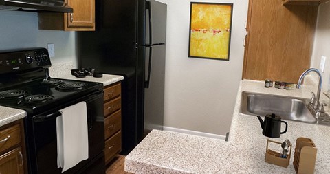 A kitchen with a black stove top oven and a black refrigerator.
