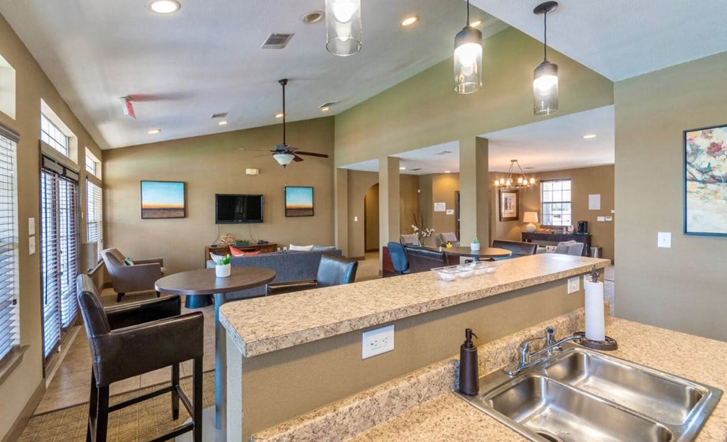 a large living room with a kitchen and a sink