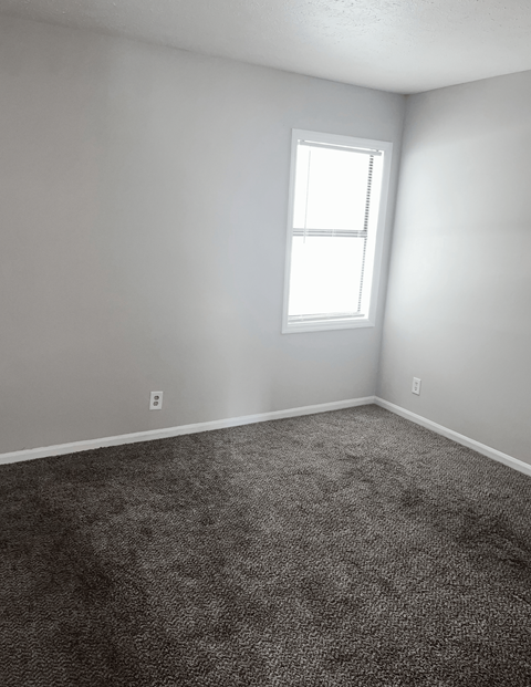 A room with a carpeted floor and a window.