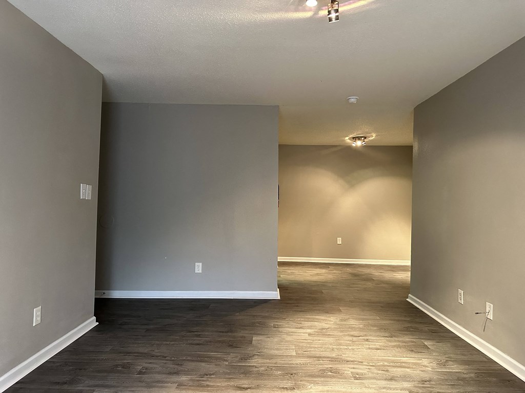 a empty living room with a wood floor and grey walls