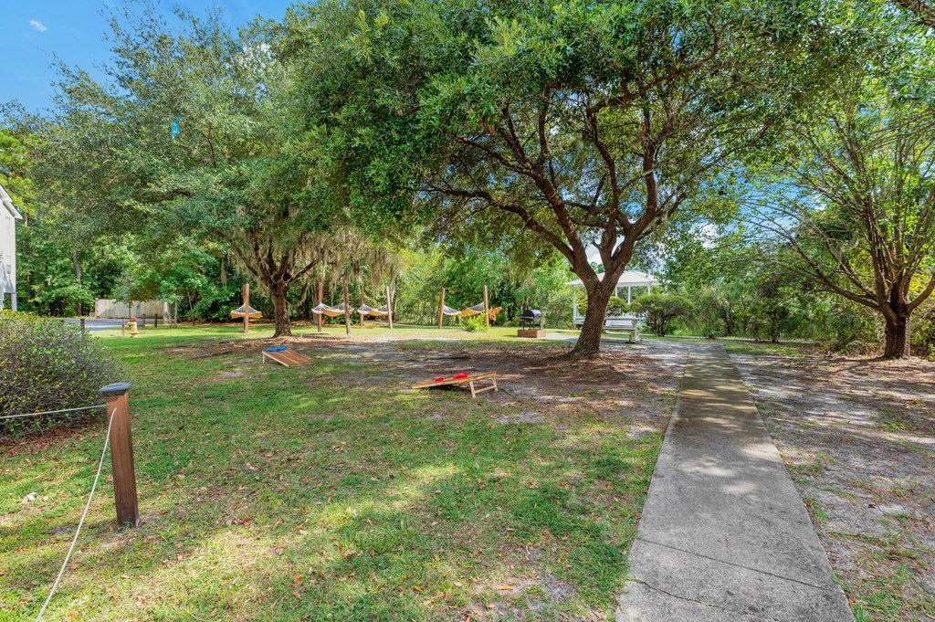 a park with trees and a sidewalk in the grass