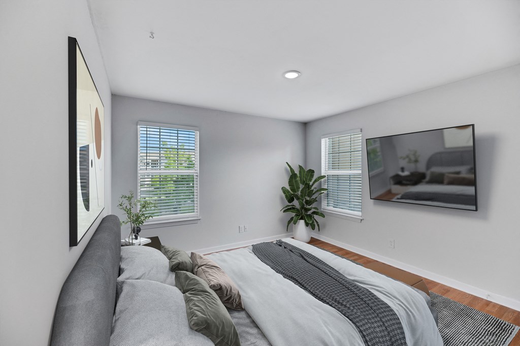 a bedroom with a couch and a bed and a tv