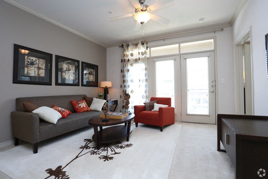 Regent living room facing balcony doors