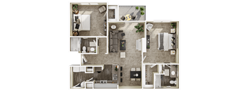 a 3d floor plan of a bedroom and living room