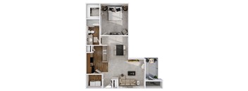 a stylized floor plan with a bedroom and a living room